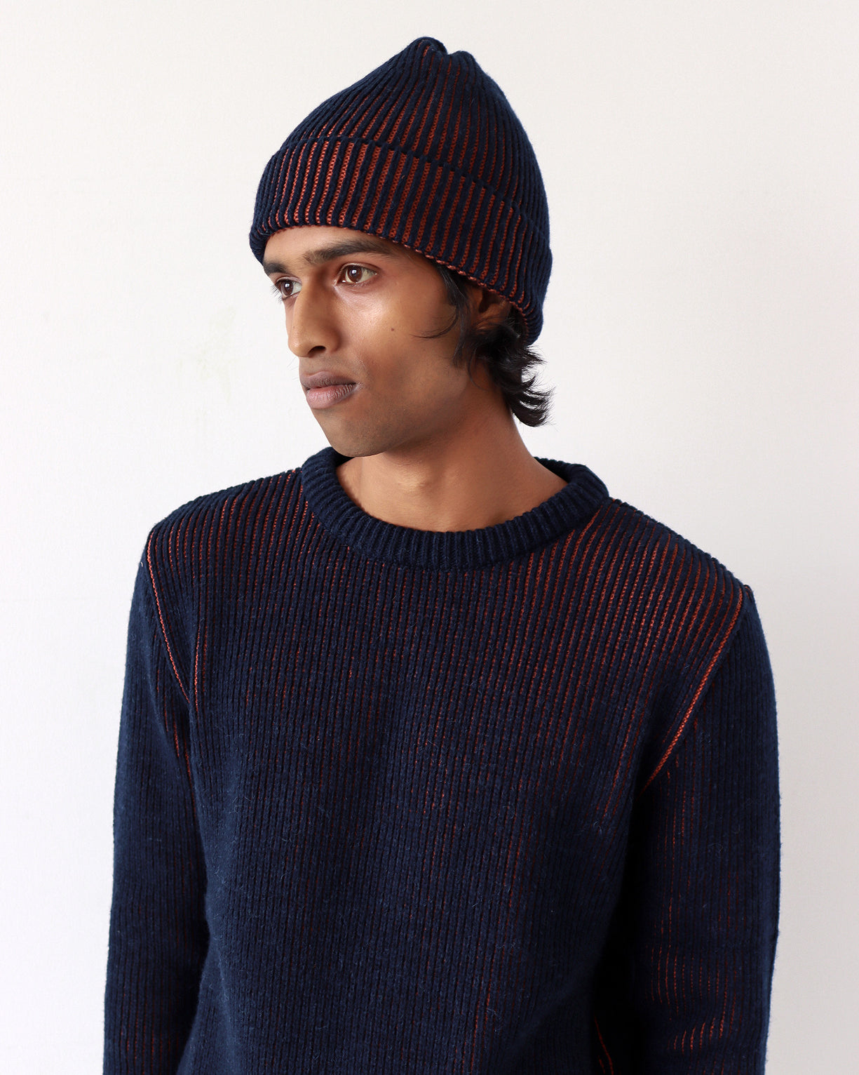 Ribbed Knit Beanie Navy Iris/Burnt Orange