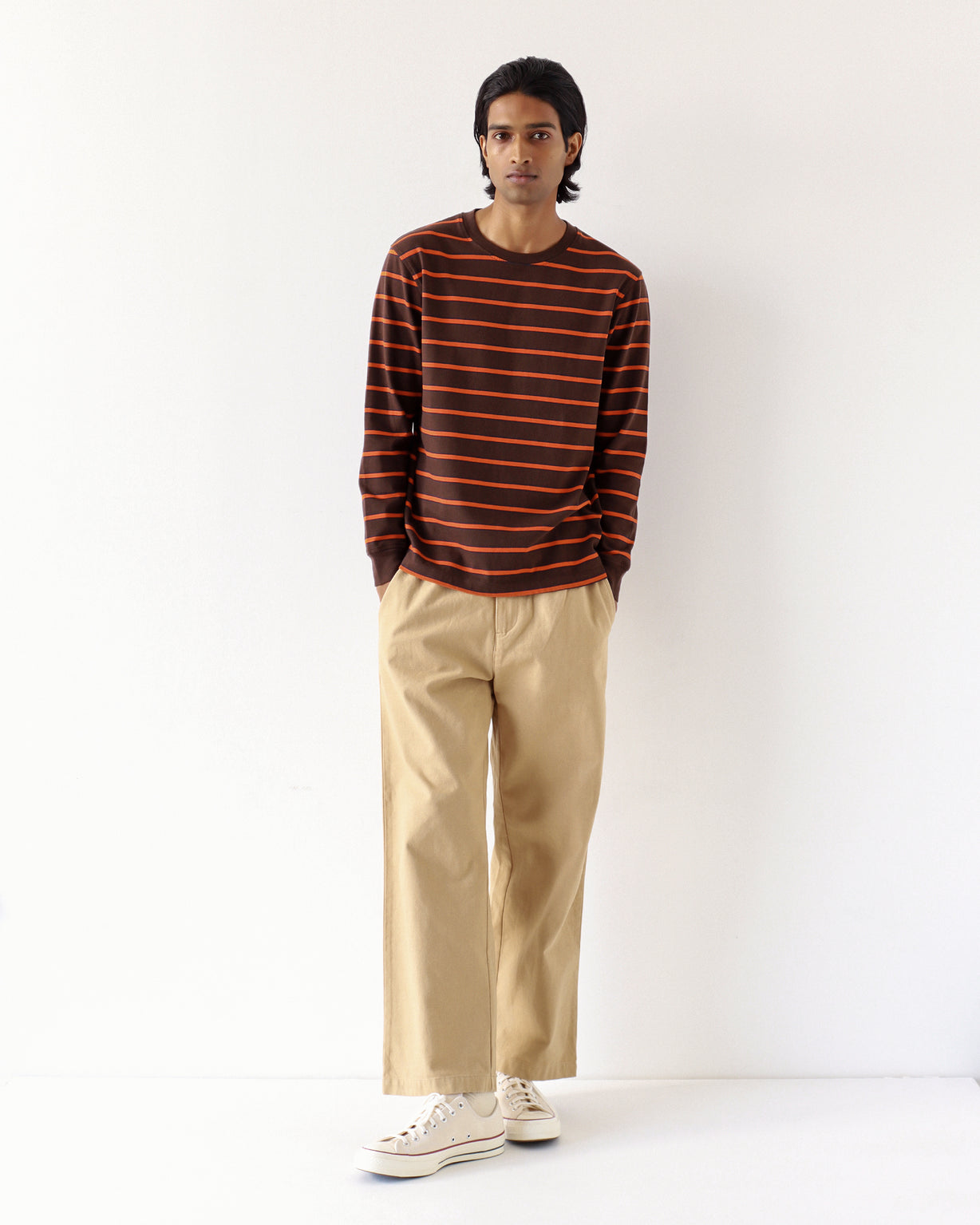 Tre Stripe LS T Shirt Slate Brown/Burnt Orange