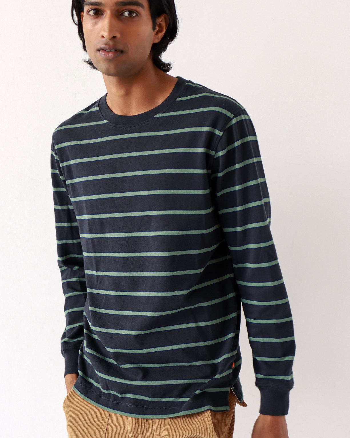 Tre Stripe LS T Shirt Black/Forest Green