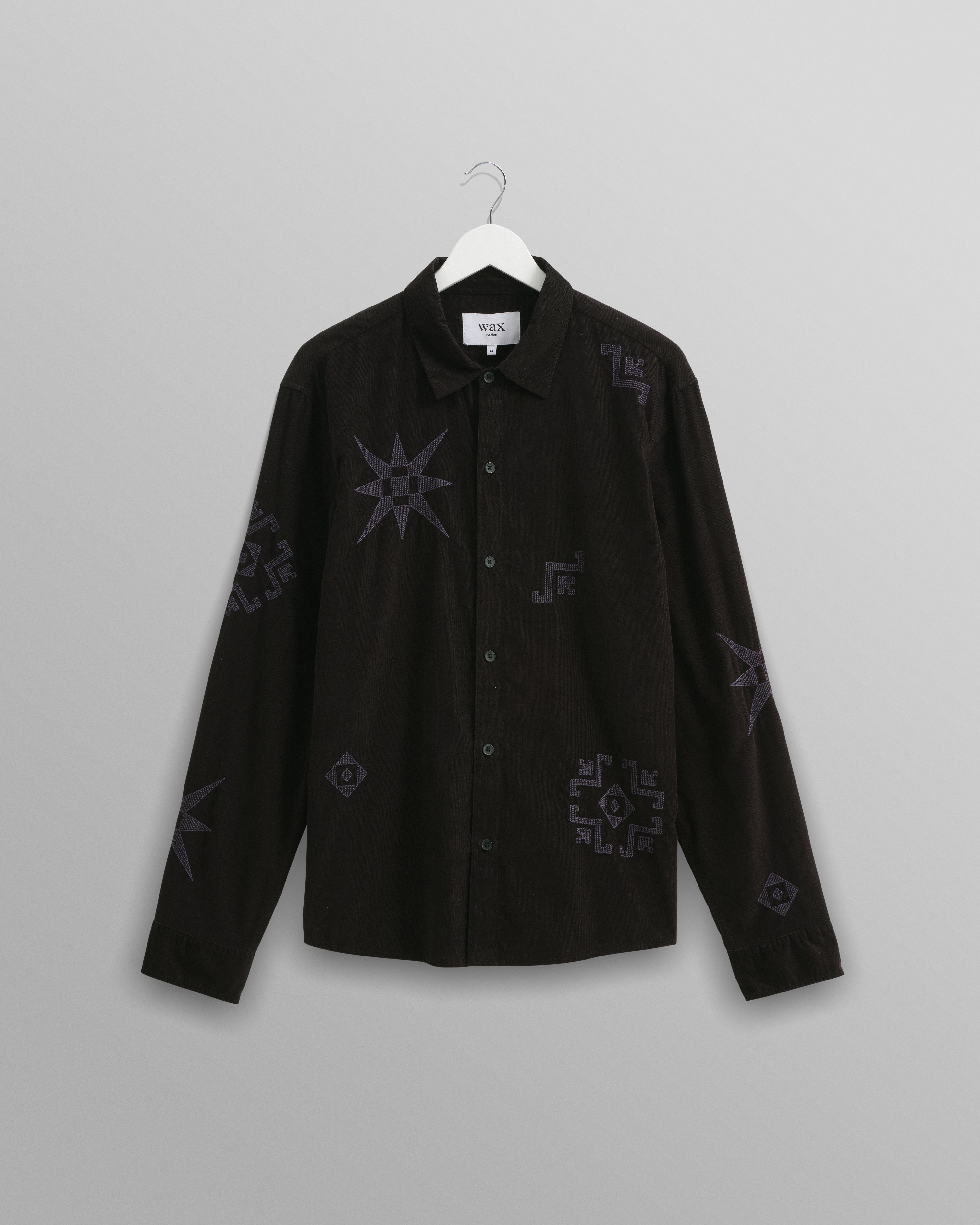 Trin LS Cord Shirt Black Geo Embroidery